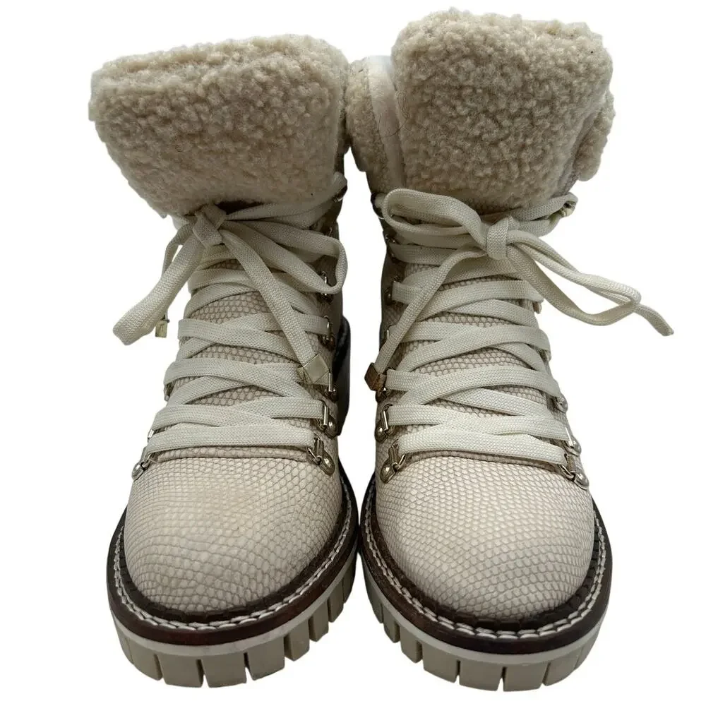 JLO Cream Faux Fur Snake Embossed Lace Up Hiker Boots SIZE 6 Winter Snow Outdoor
